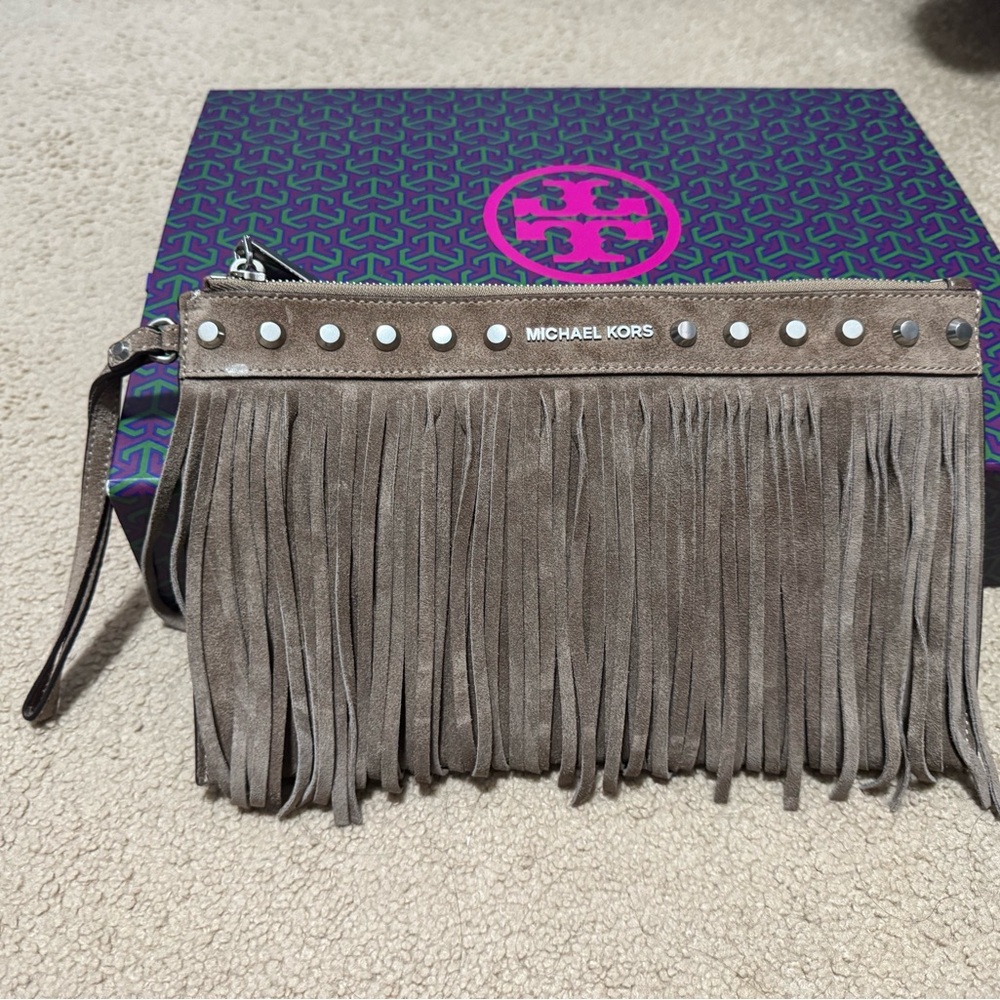 Michael Kors Taupe Fringe Wristlet with Studs